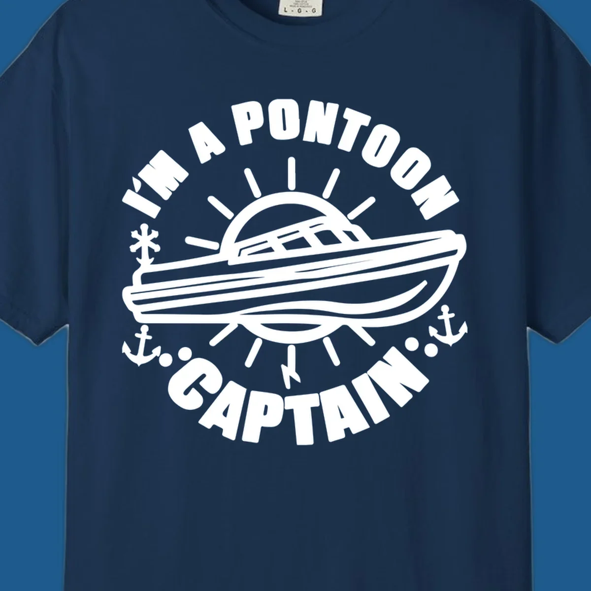 I'm a pontoon captain boat illustration with sun and anchors.