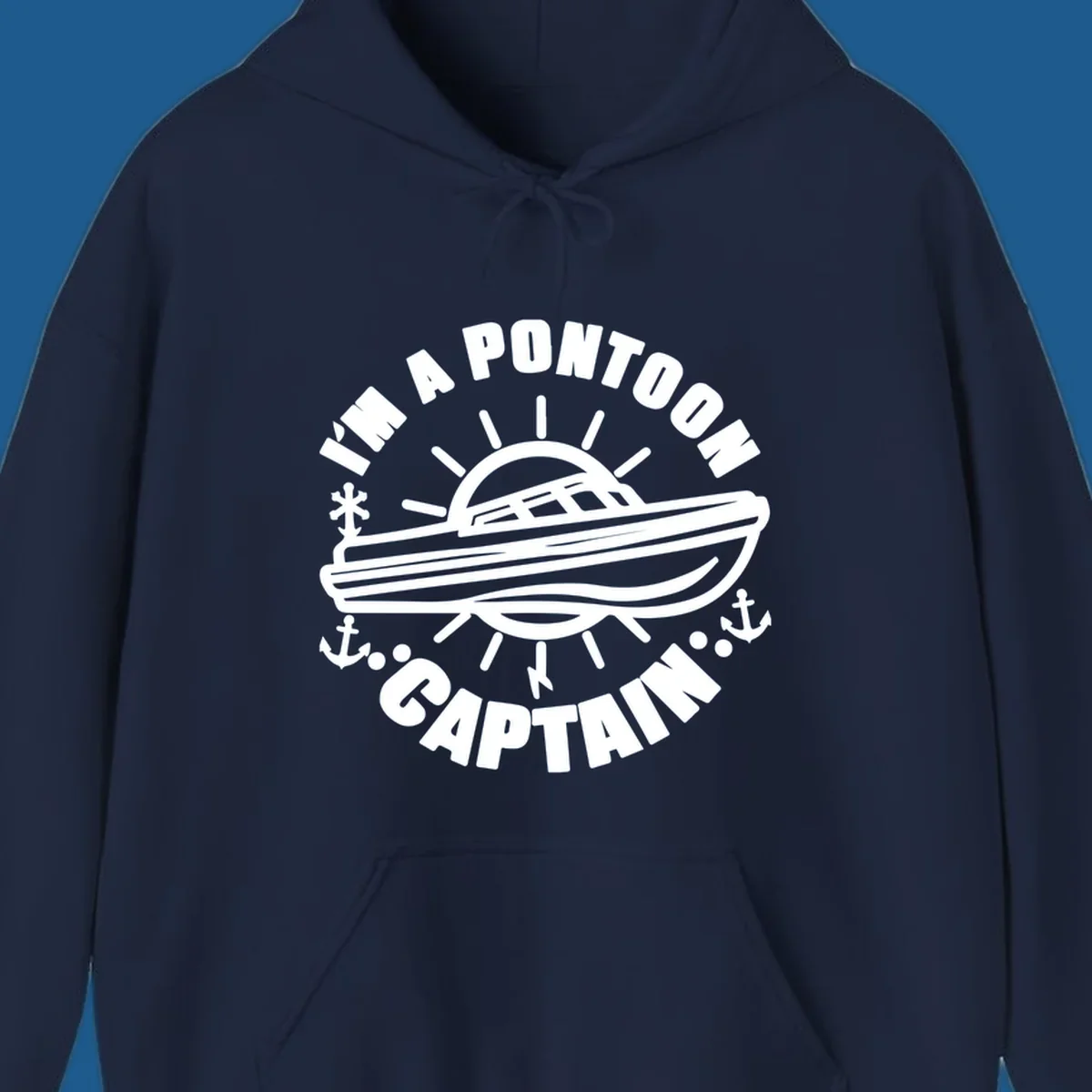 I'm a pontoon captain boat illustration with sun and anchors.