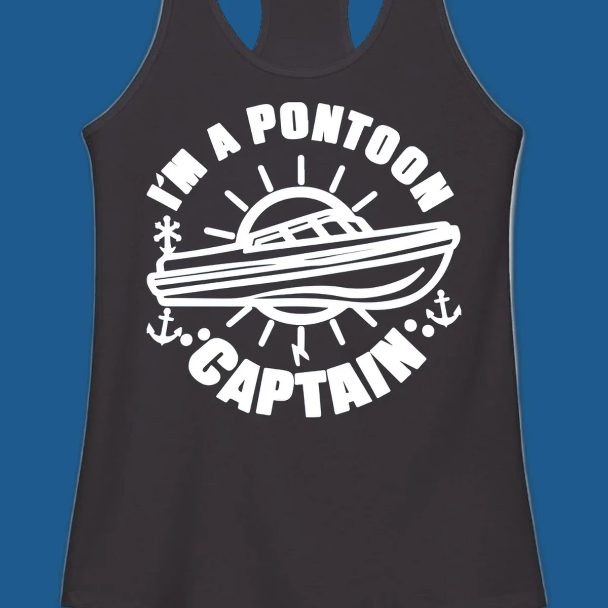 I'm a pontoon captain boat illustration with sun and anchors.