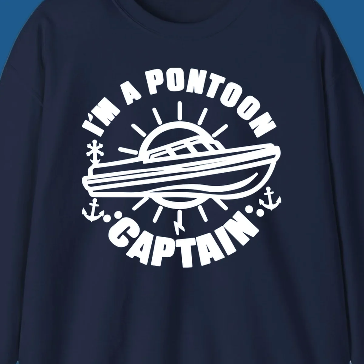 I'm a pontoon captain boat illustration with sun and anchors.