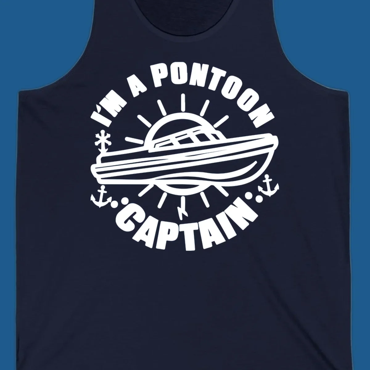 I'm a pontoon captain boat illustration with sun and anchors.