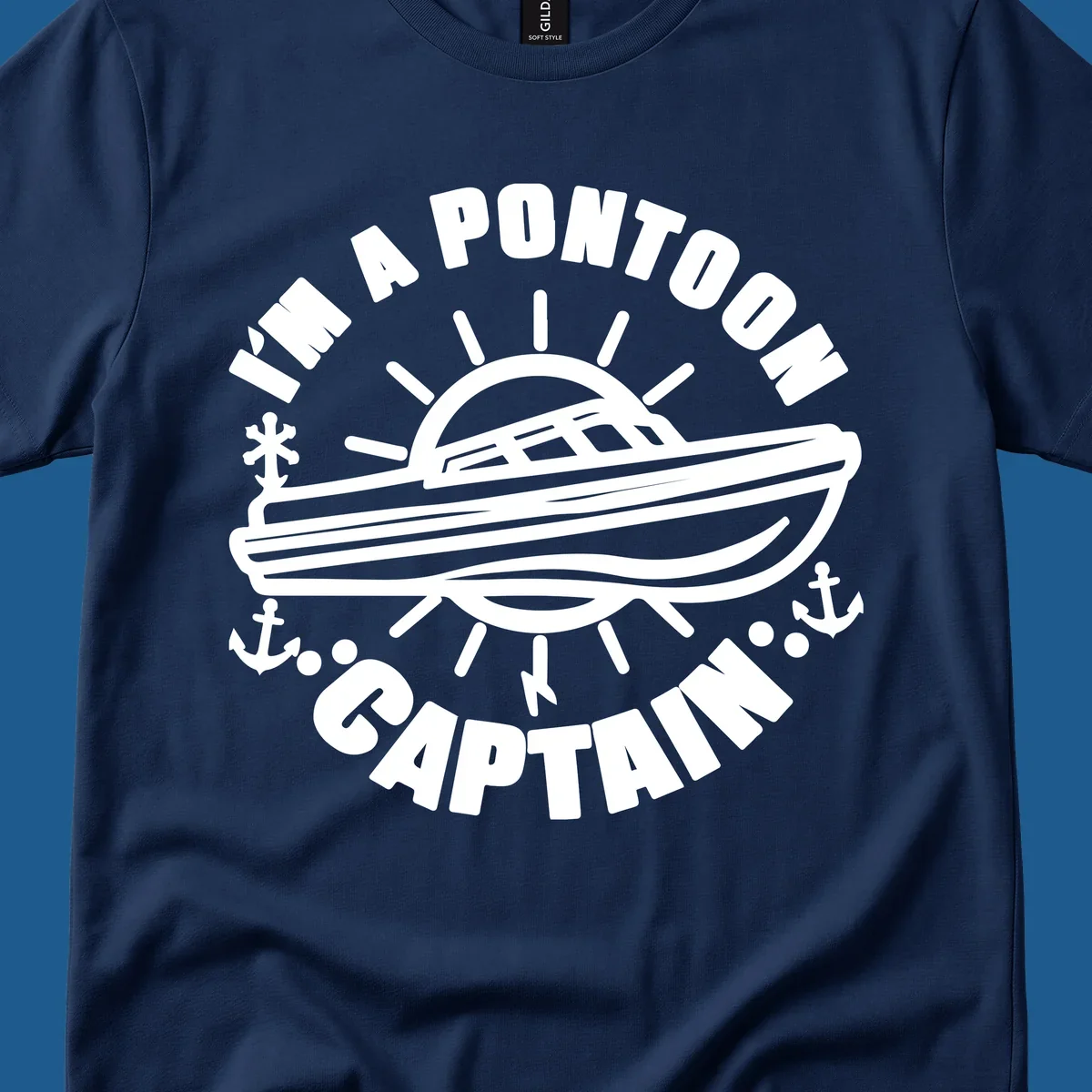 I'm a pontoon captain boat illustration with sun and anchors.