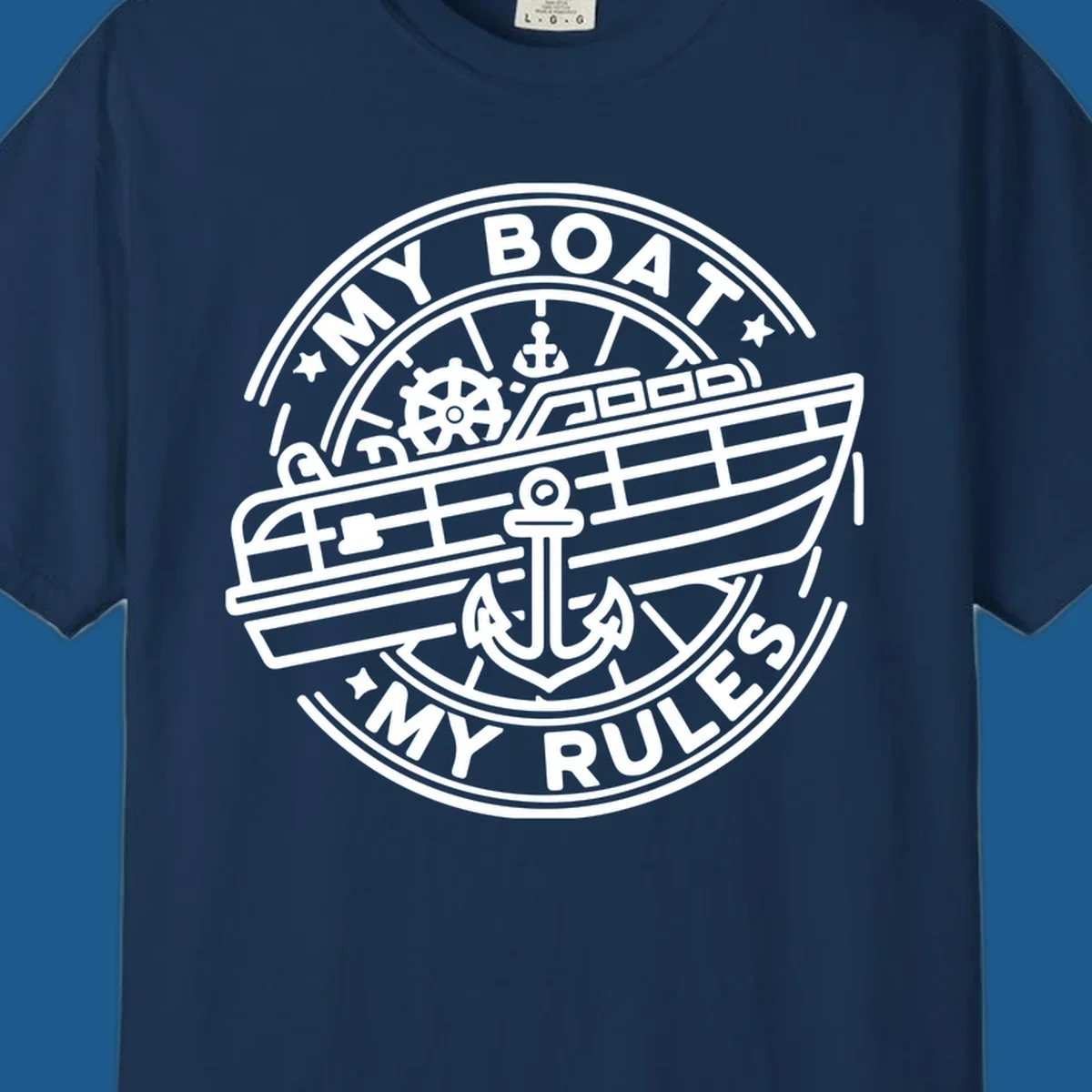 My Boat My Rules nautical badge design with boat and anchor graphic.