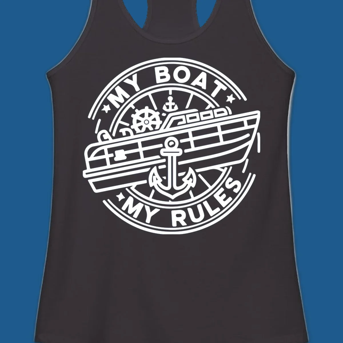 My Boat My Rules nautical badge design with boat and anchor graphic.