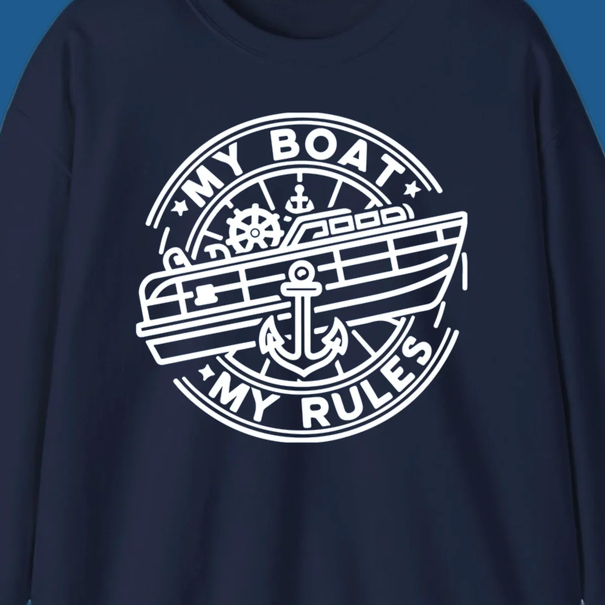 My Boat My Rules nautical badge design with boat and anchor graphic.