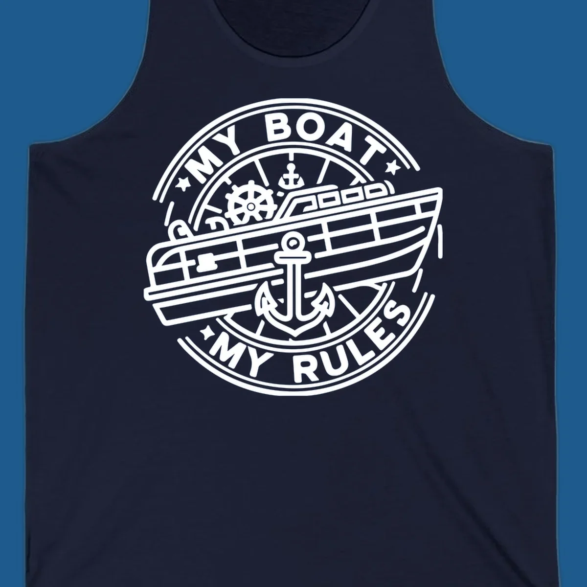 My Boat My Rules nautical badge design with boat and anchor graphic.
