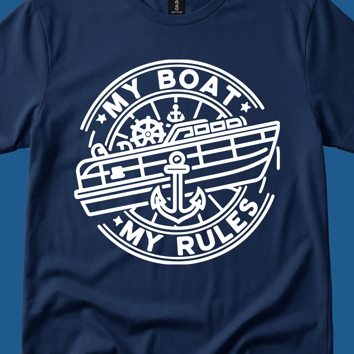 My Boat My Rules nautical badge design with boat and anchor graphic.