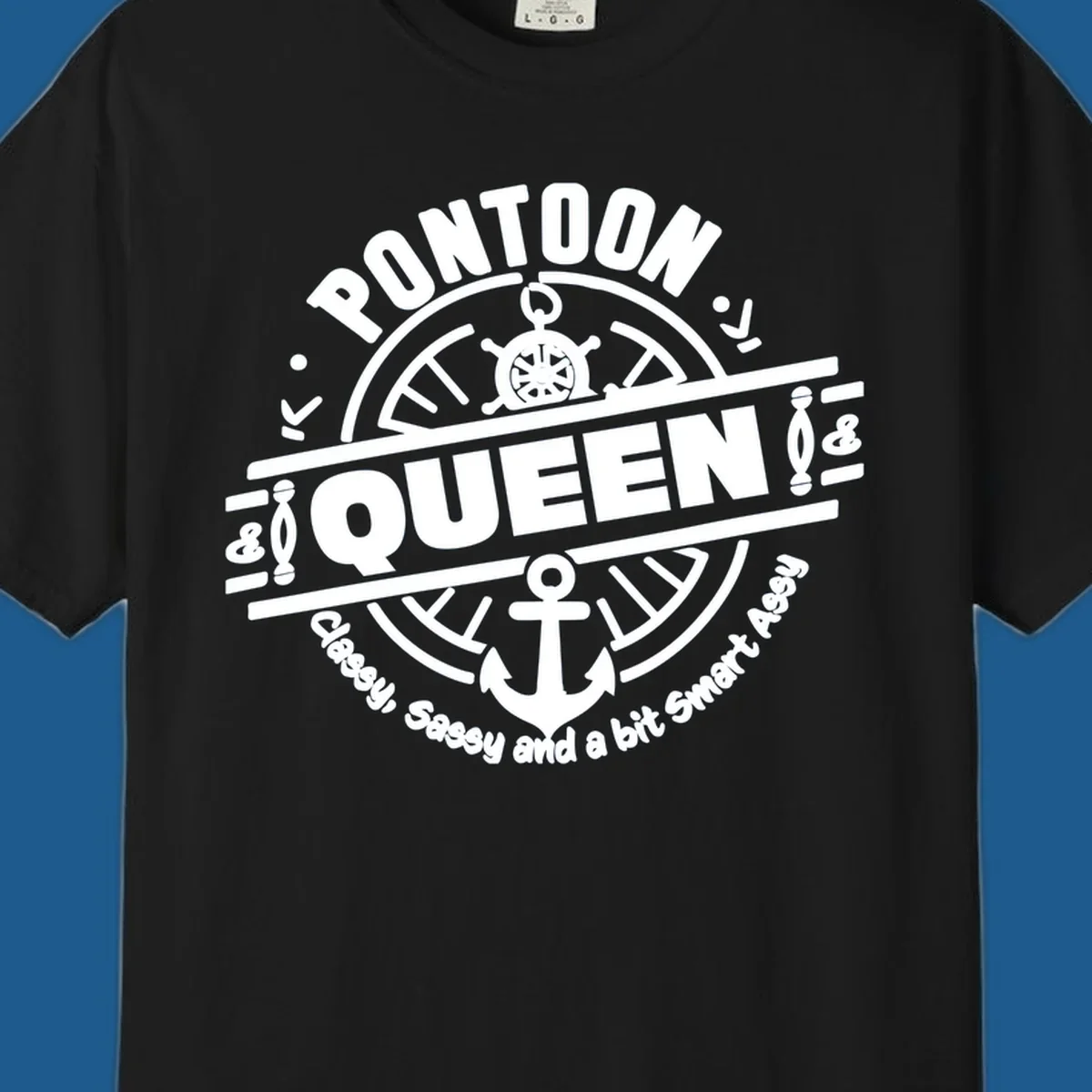 Pontoon Queen nautical badge design with ship's wheel and anchor