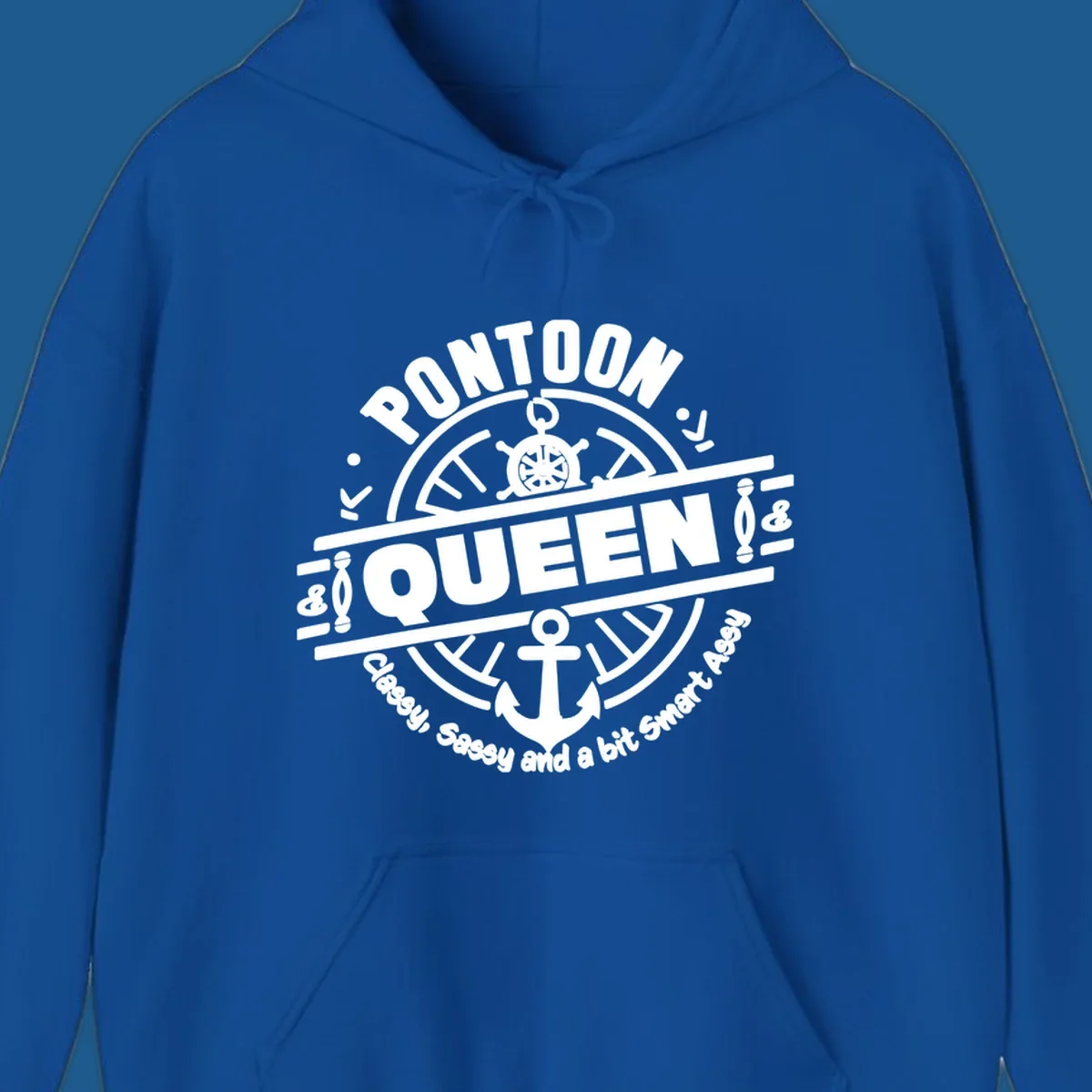 Pontoon Queen nautical badge design with ship's wheel and anchor