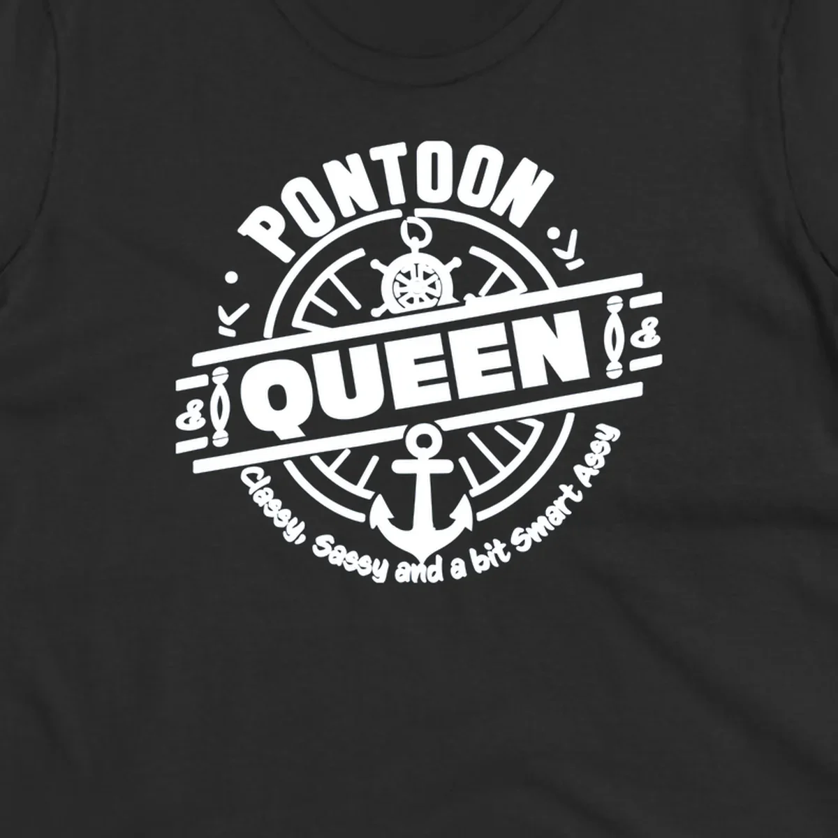 Pontoon Queen nautical badge design with ship's wheel and anchor