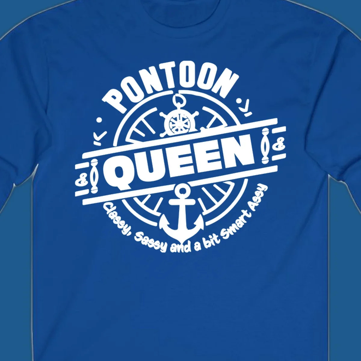 Pontoon Queen nautical badge design with ship's wheel and anchor