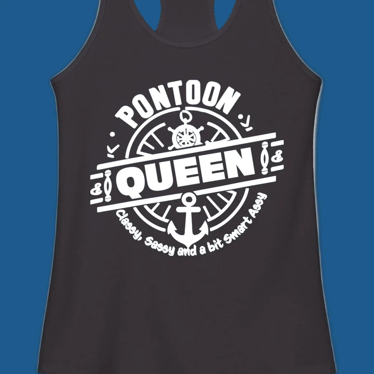 Pontoon Queen nautical badge design with ship's wheel and anchor