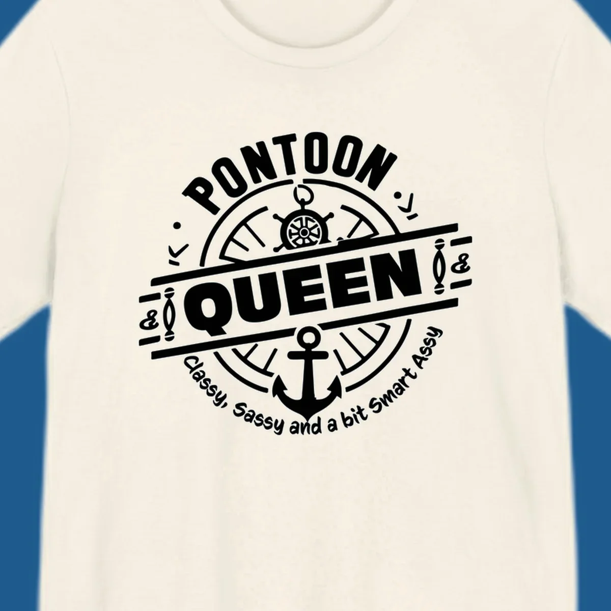 Pontoon Queen nautical badge design with ship's wheel and anchor