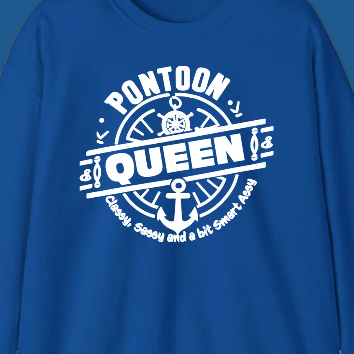 Pontoon Queen nautical badge design with ship's wheel and anchor
