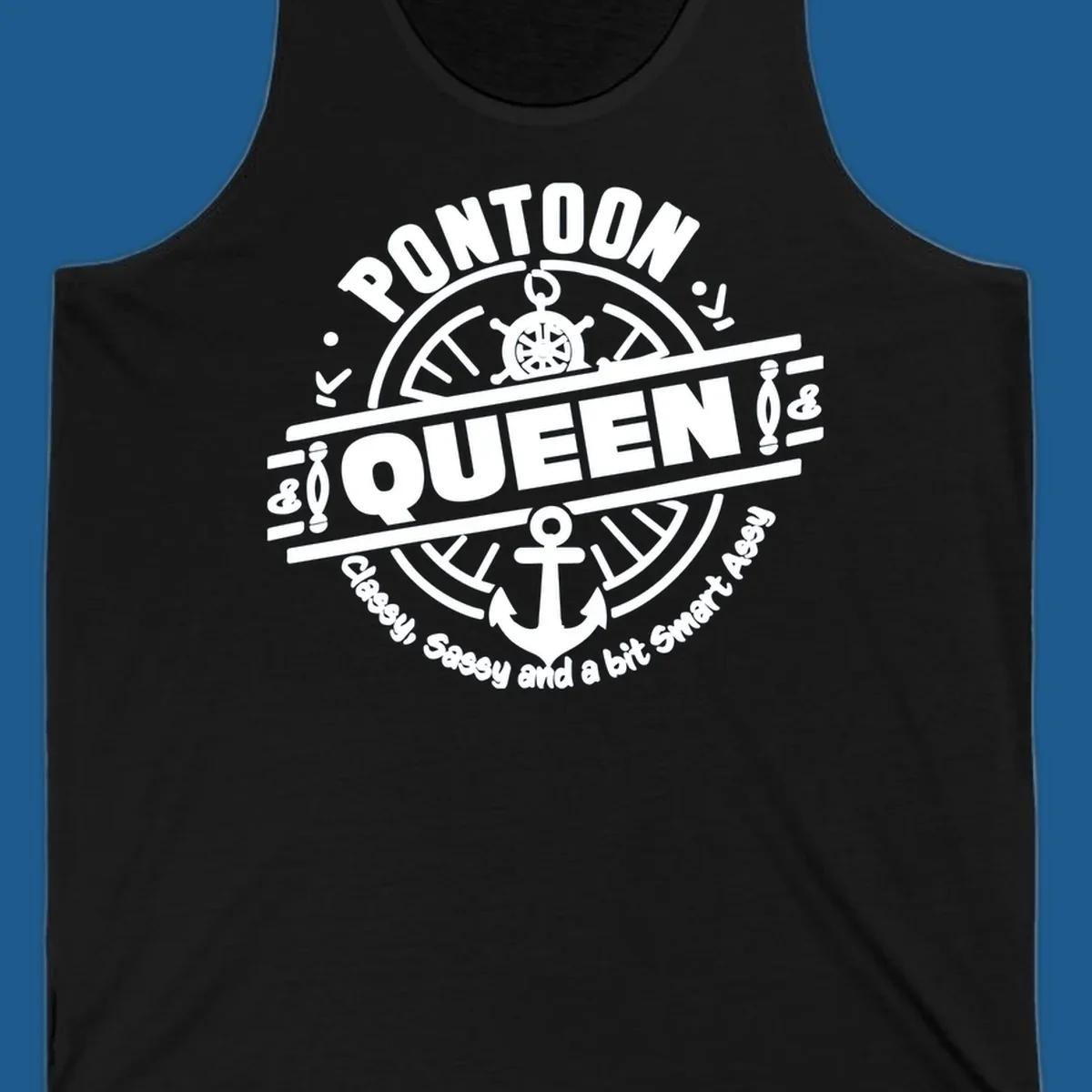 Pontoon Queen nautical badge design with ship's wheel and anchor