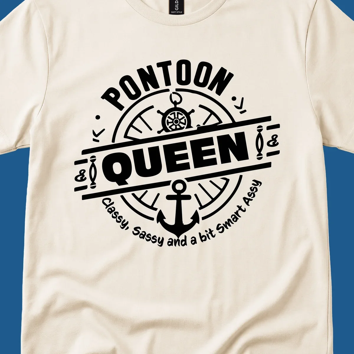 Pontoon Queen nautical badge design with ship's wheel and anchor