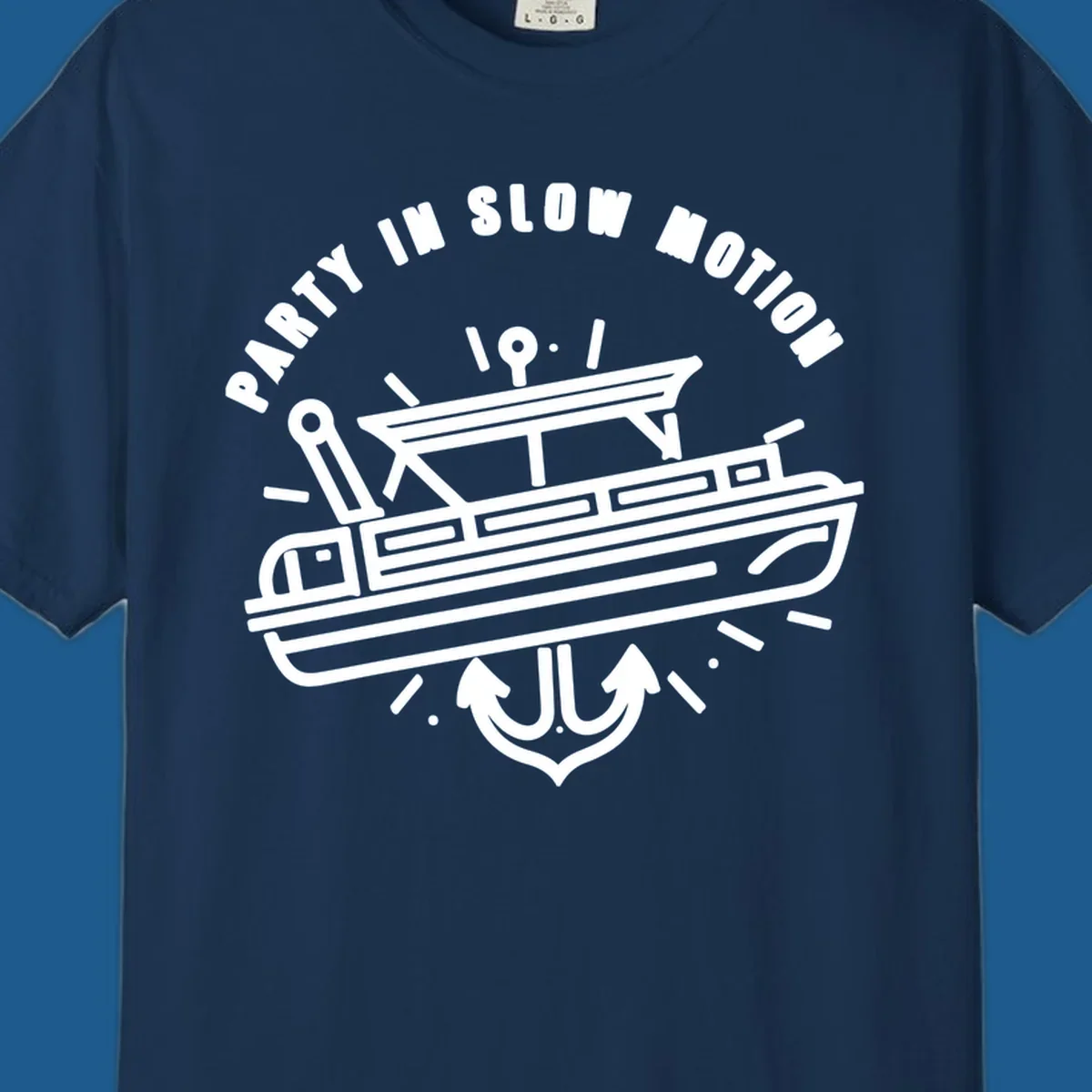 Party in slow motion pontoon boat and anchor illustration.