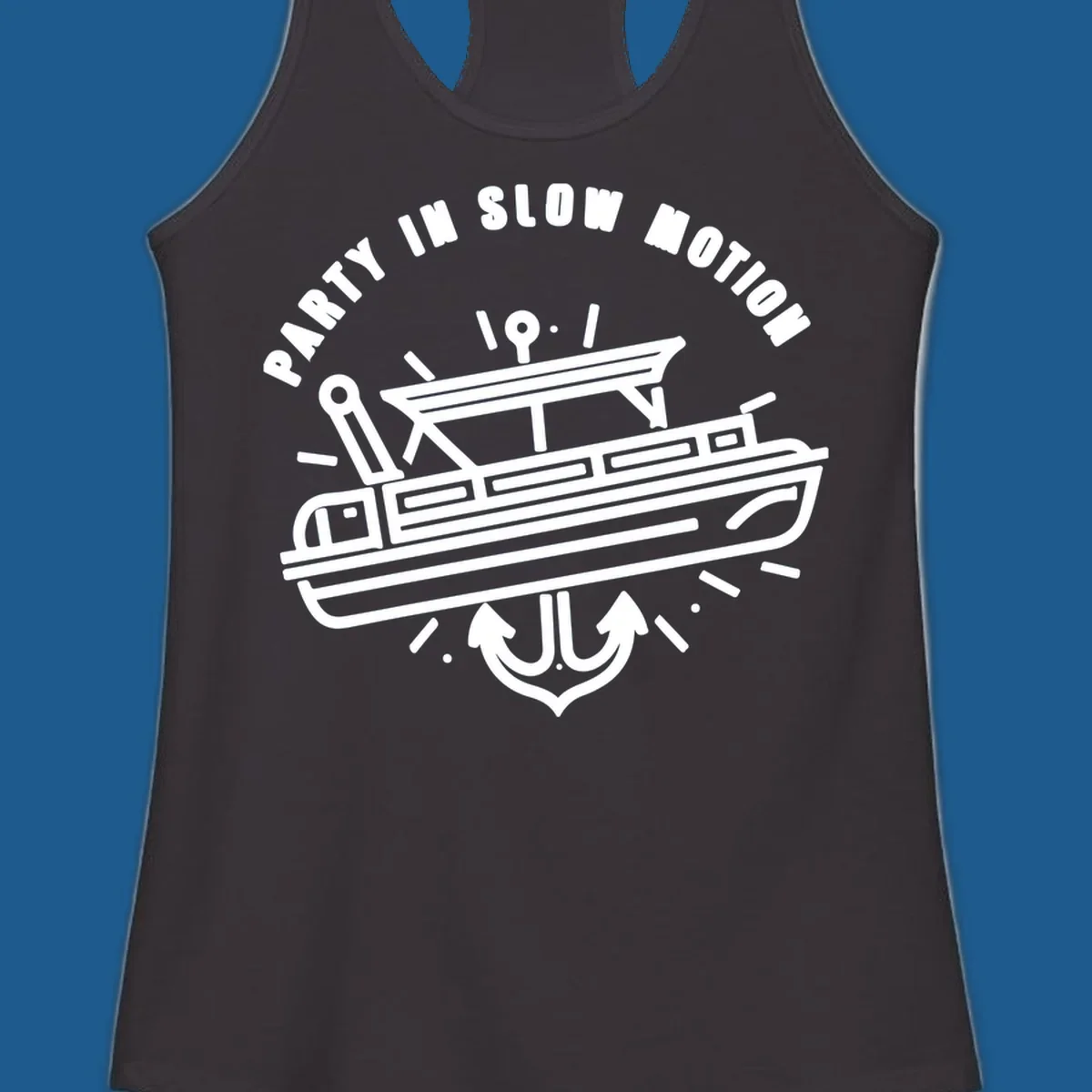 Party in slow motion pontoon boat and anchor illustration.