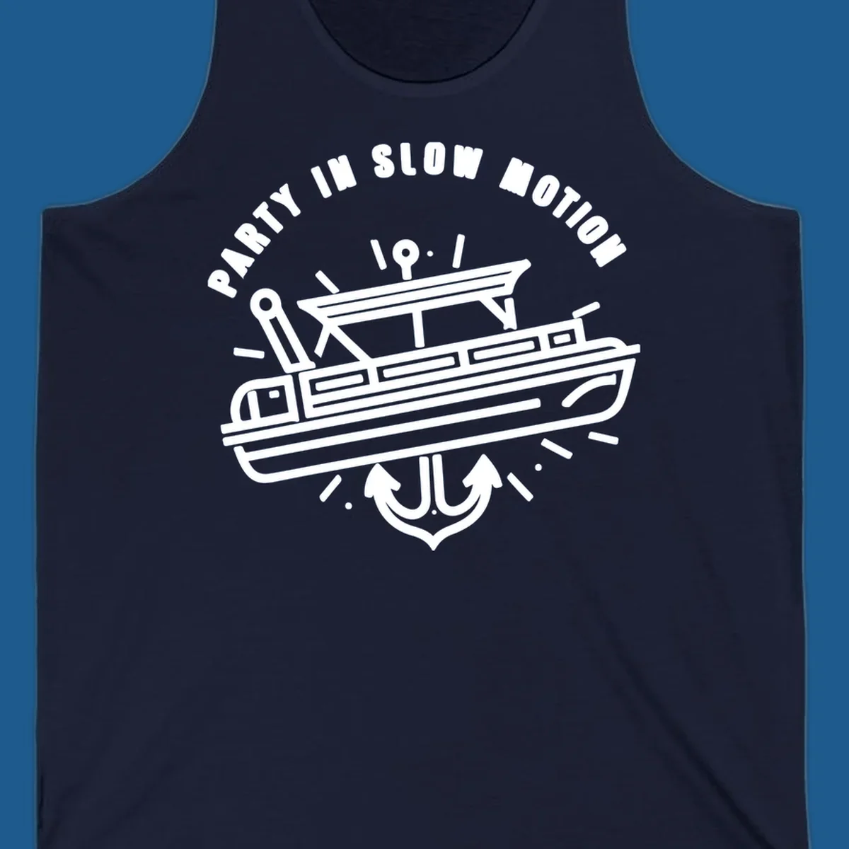 Party in slow motion pontoon boat and anchor illustration.