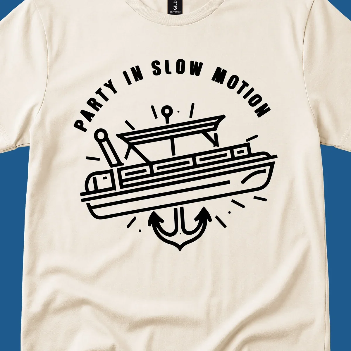 Party in slow motion pontoon boat and anchor illustration.