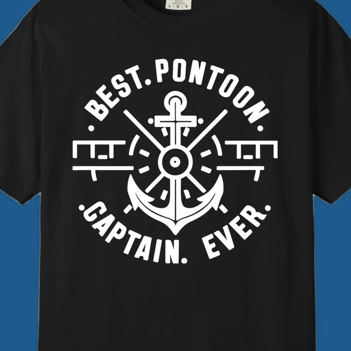 Circular badge with anchor and text "BEST. PONTOON. CAPTAIN. EVER."