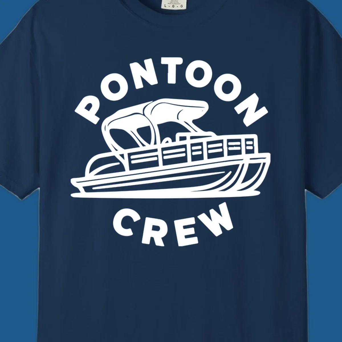 Pontoon crew design featuring a pontoon boat and fish, with text.