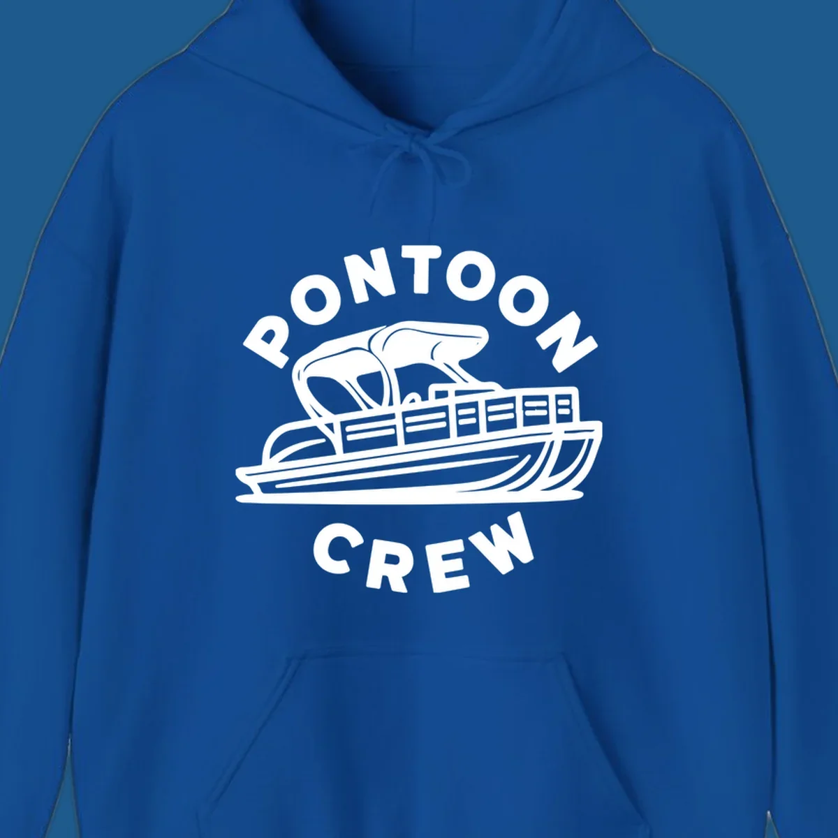 Pontoon crew design featuring a pontoon boat and fish, with text.