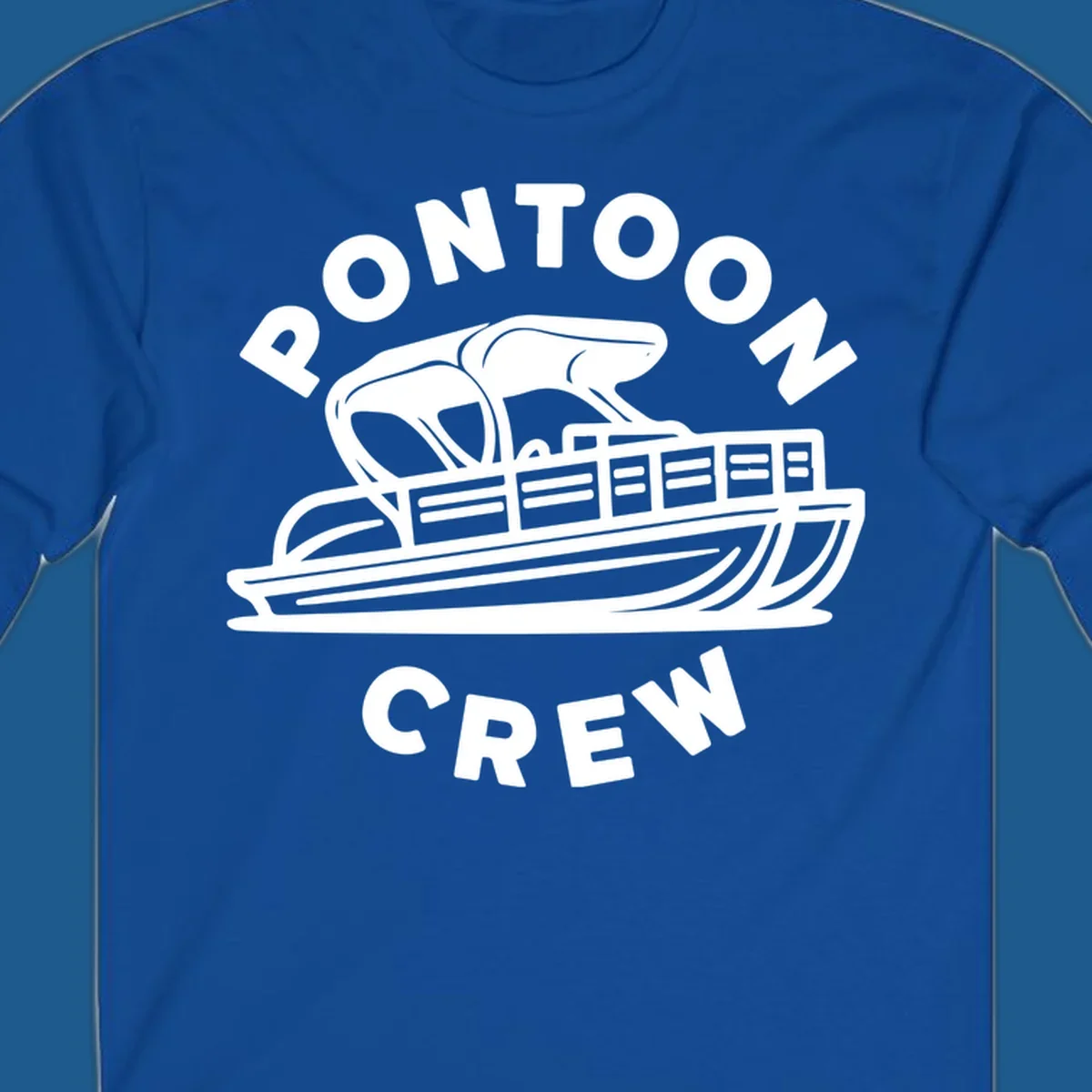 Pontoon crew design featuring a pontoon boat and fish, with text.