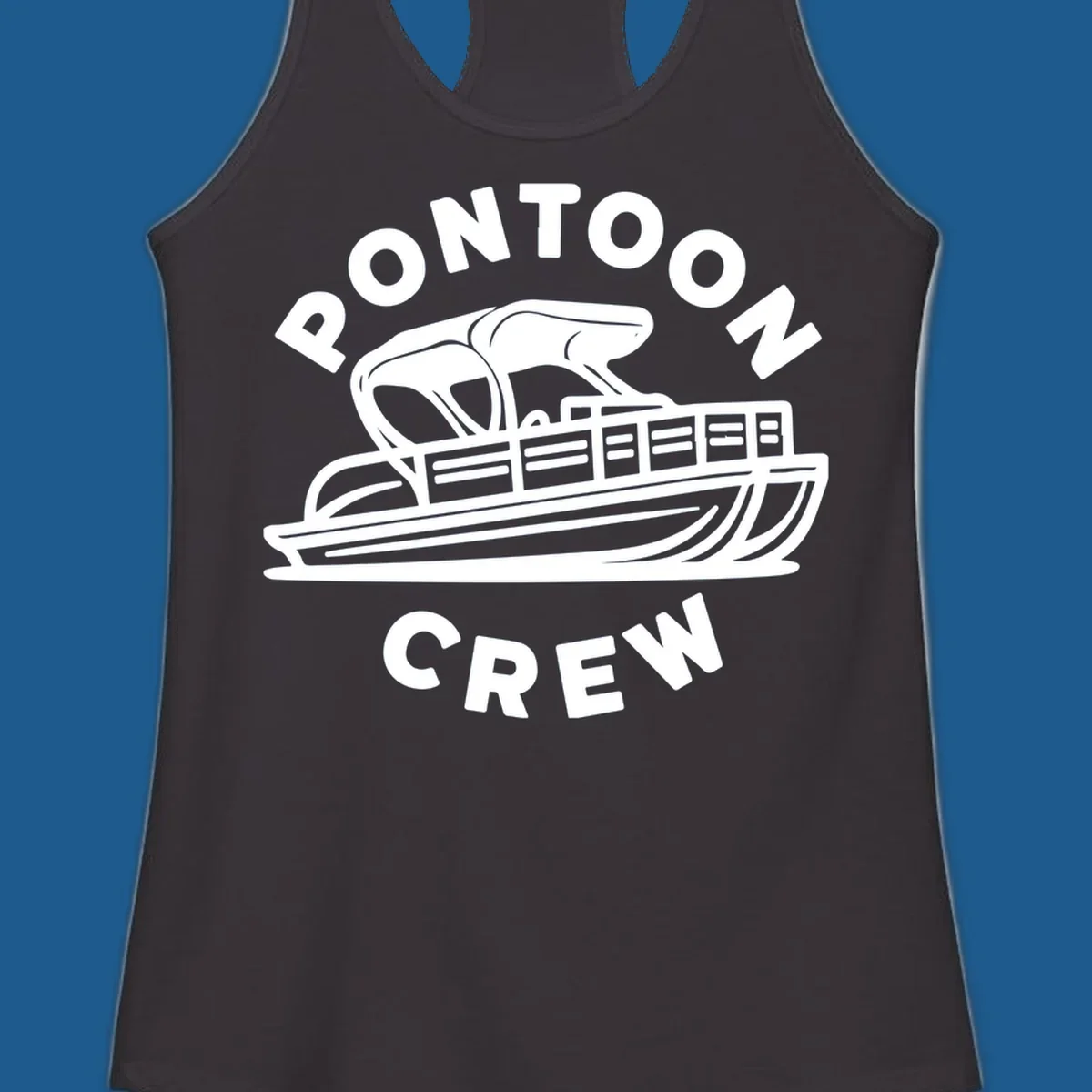 Pontoon crew design featuring a pontoon boat and fish, with text.