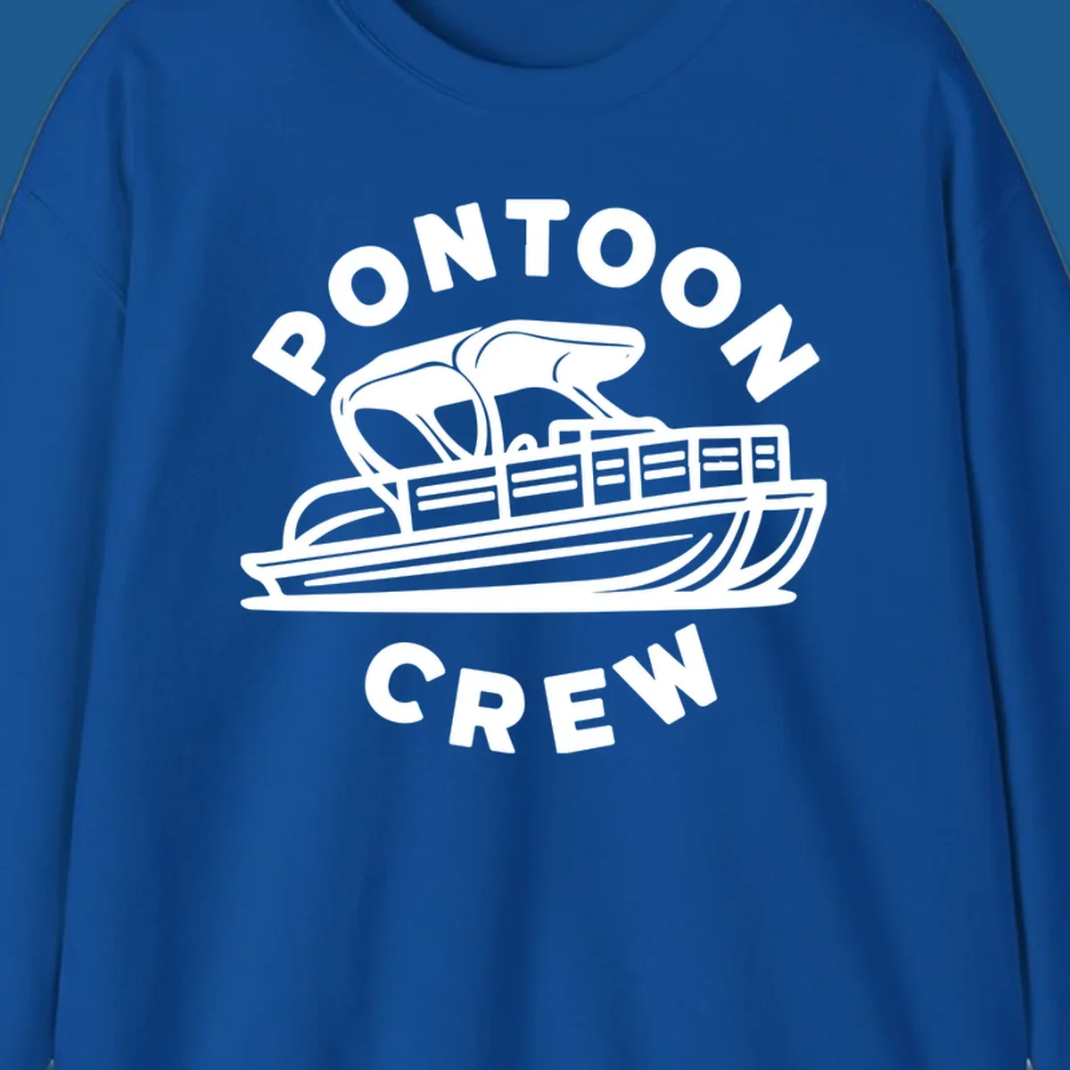 Pontoon crew design featuring a pontoon boat and fish, with text.