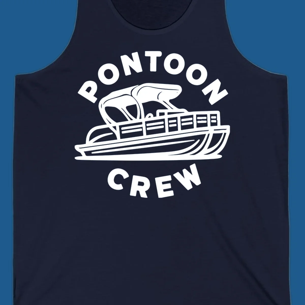 Pontoon crew design featuring a pontoon boat and fish, with text.