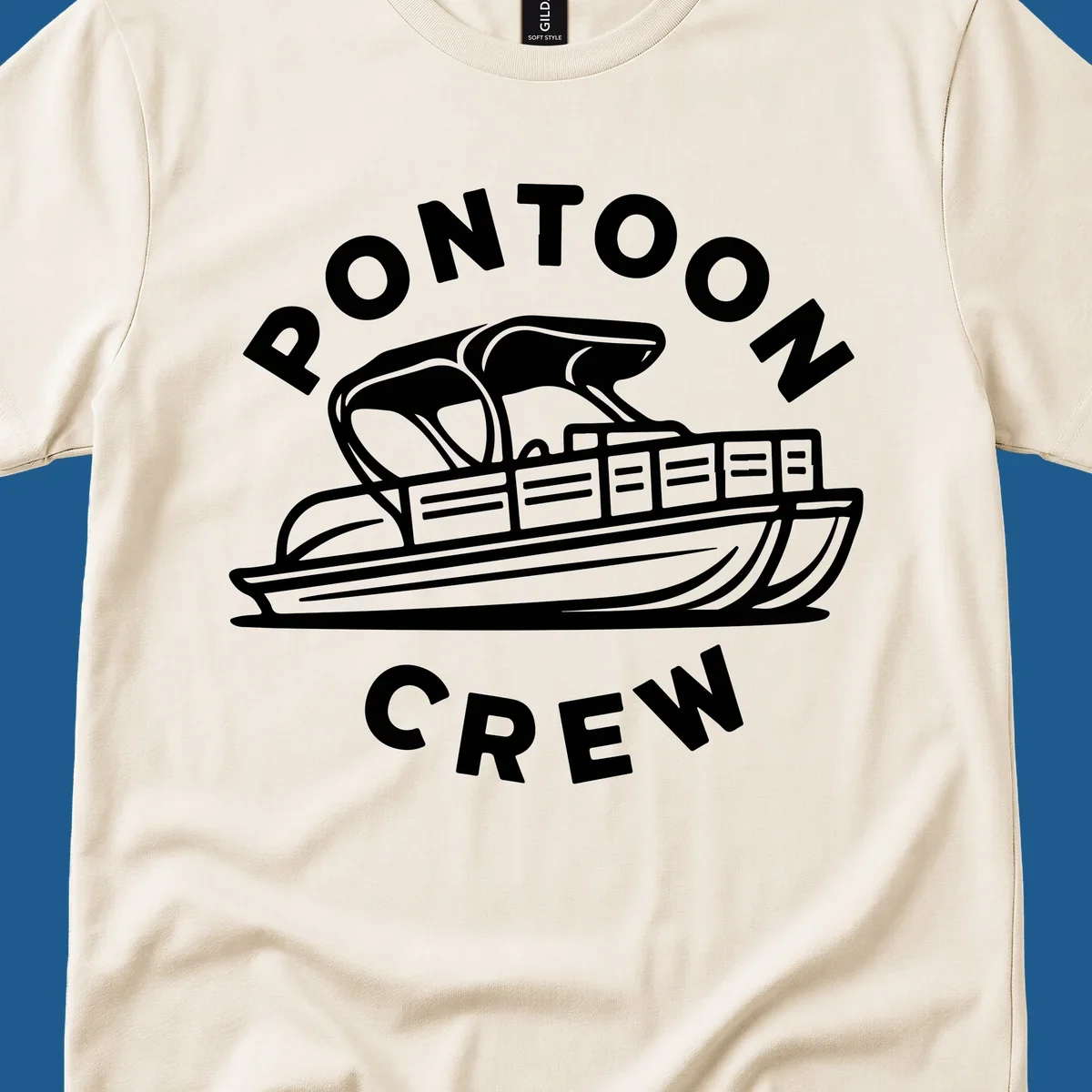 Pontoon crew design featuring a pontoon boat and fish, with text.