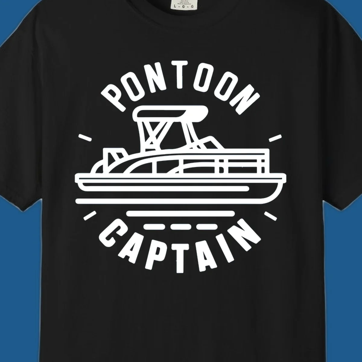 Pontoon captain boat illustration with text. White outline of a pontoon boat.