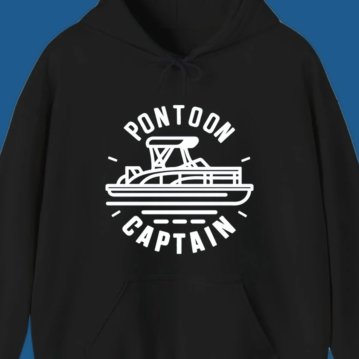 Pontoon captain boat illustration with text. White outline of a pontoon boat.