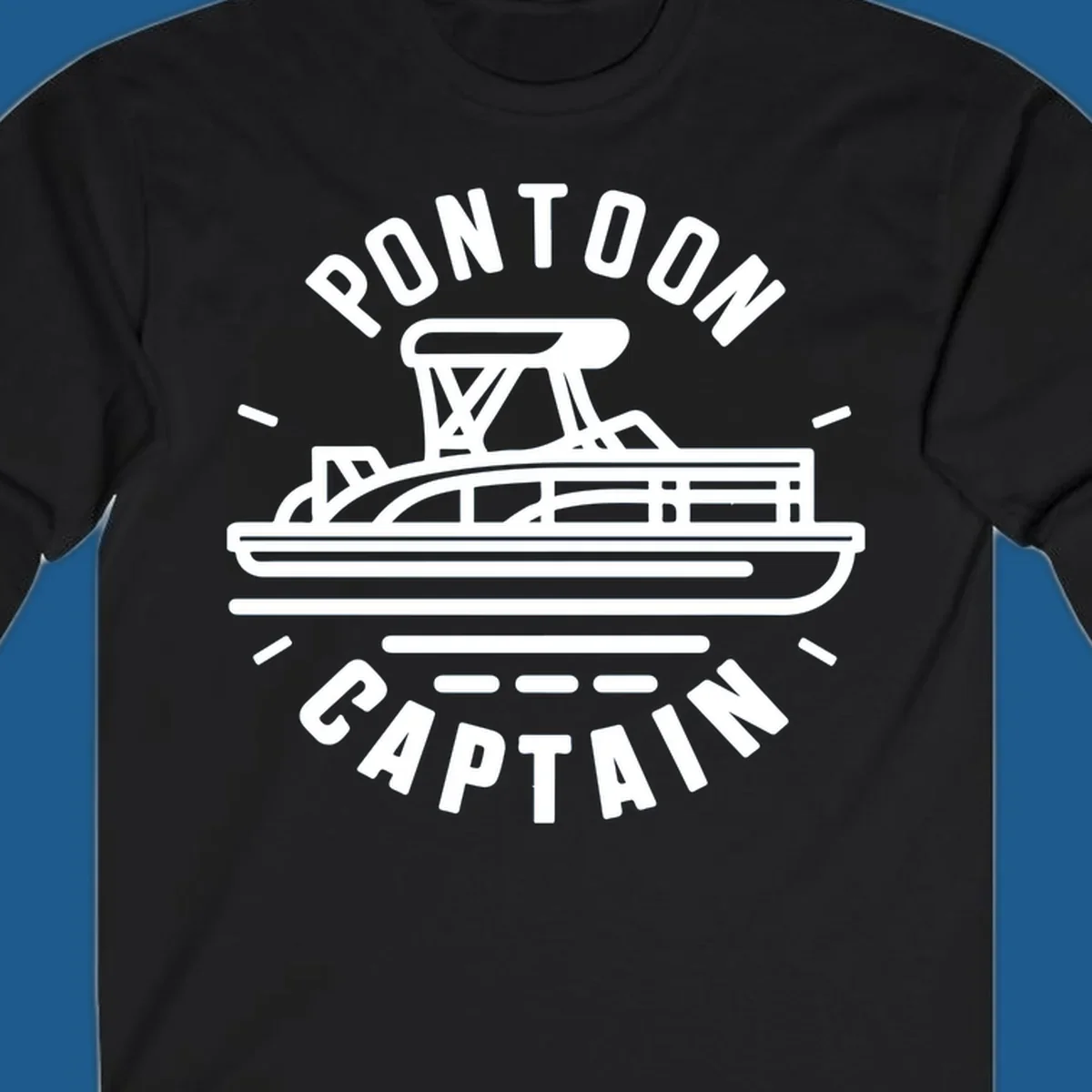 Pontoon captain boat illustration with text. White outline of a pontoon boat.