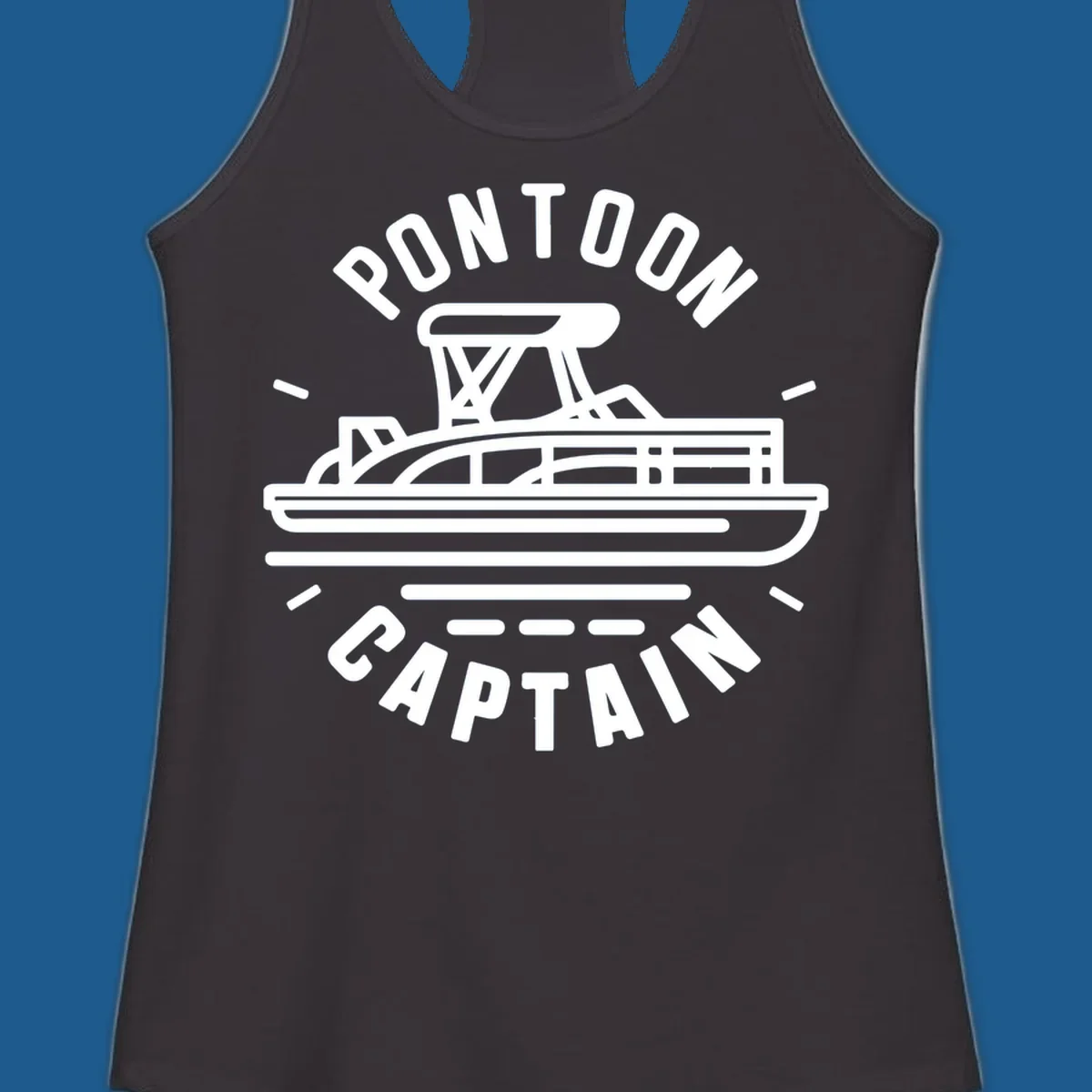 Pontoon captain boat illustration with text. White outline of a pontoon boat.
