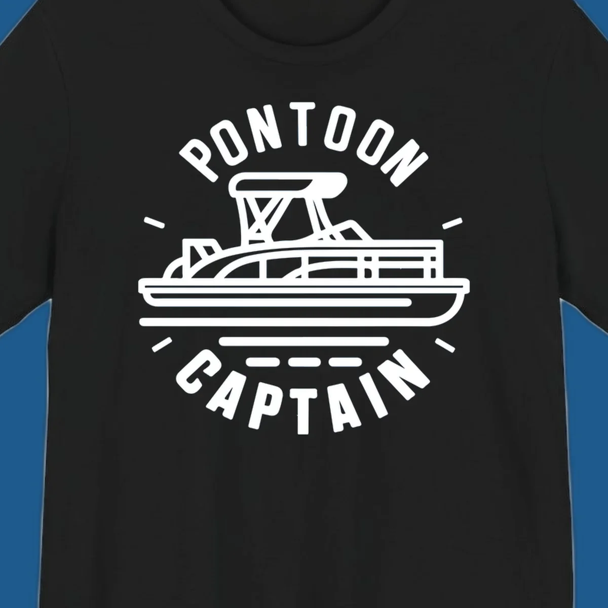 Pontoon captain boat illustration with text. White outline of a pontoon boat.