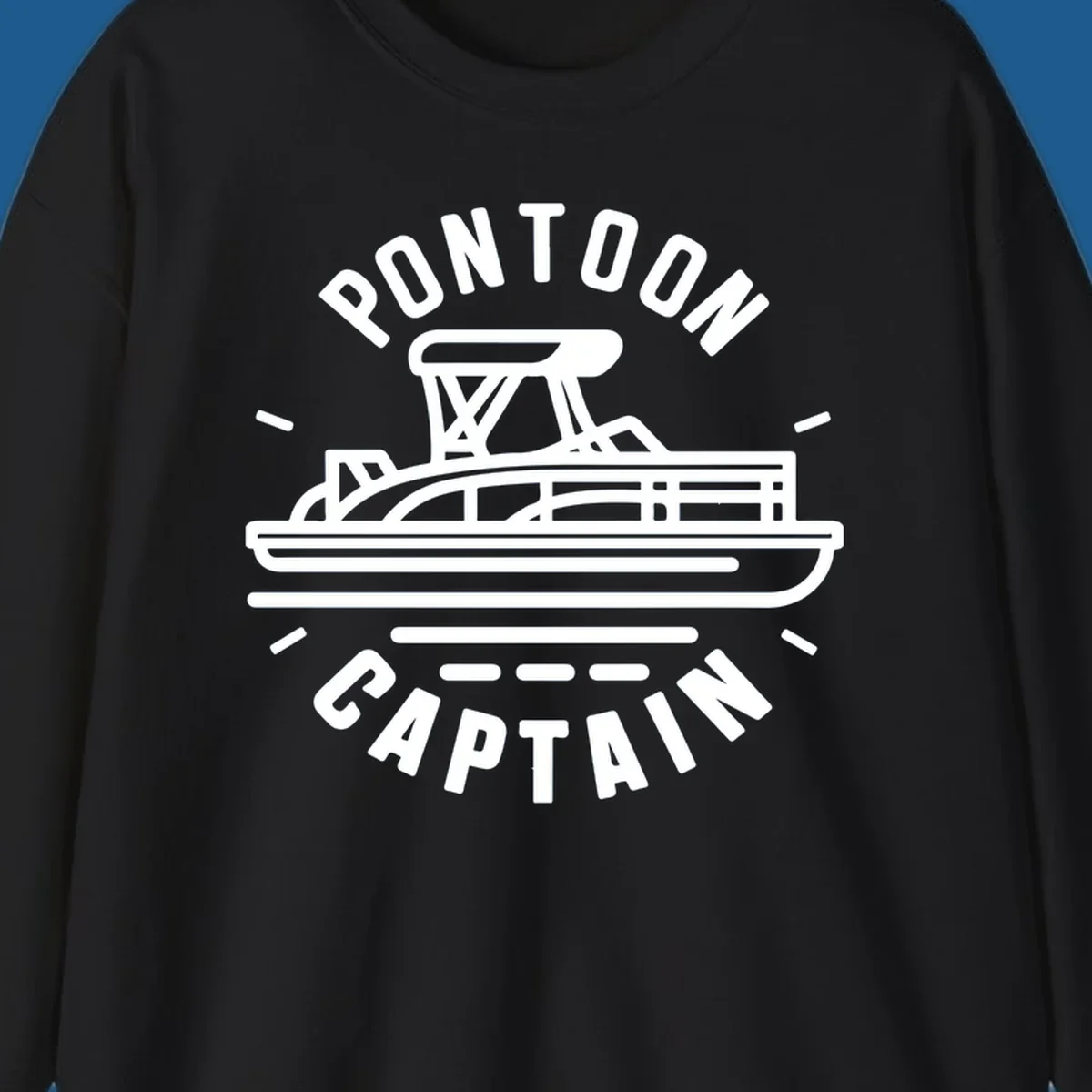 Pontoon captain boat illustration with text. White outline of a pontoon boat.