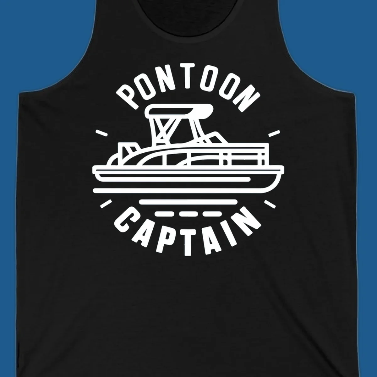 Pontoon captain boat illustration with text. White outline of a pontoon boat.