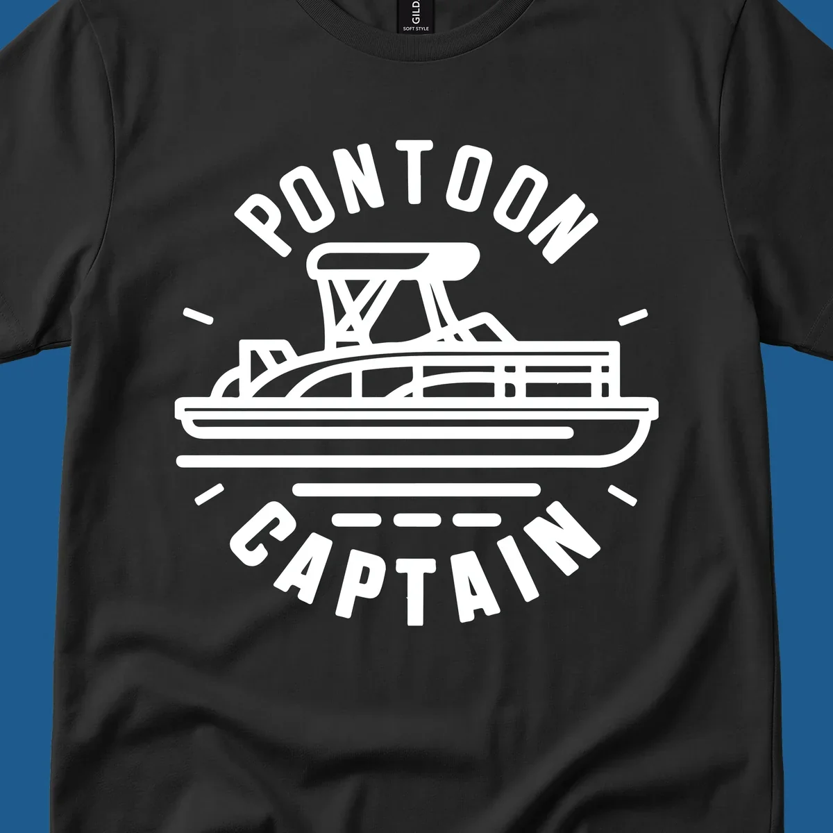 Pontoon captain boat illustration with text. White outline of a pontoon boat.