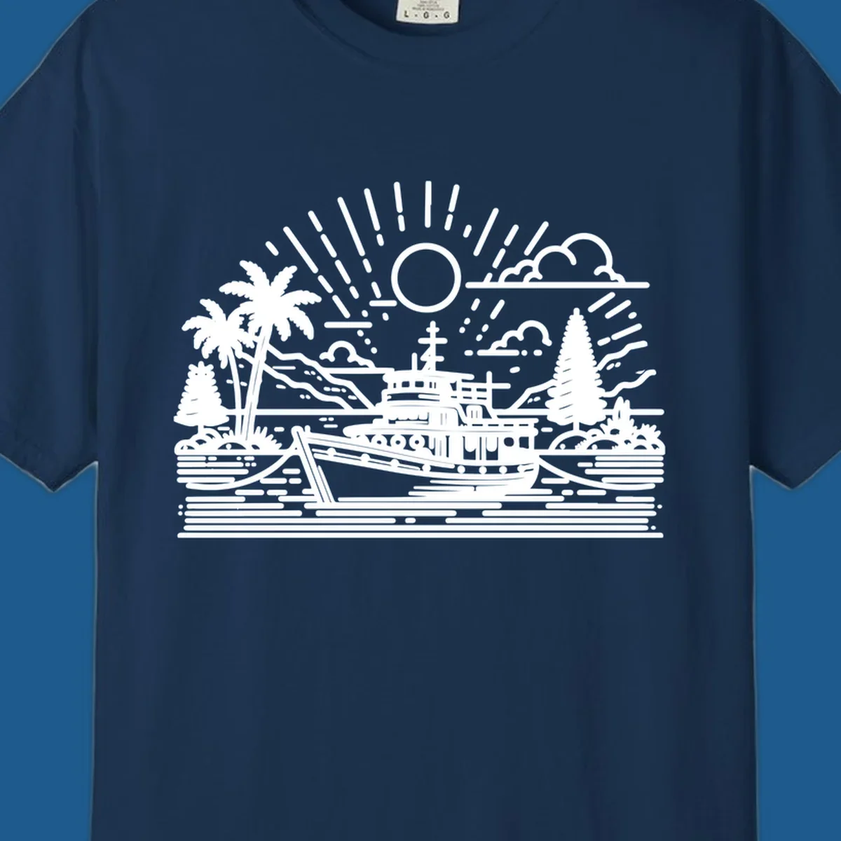 Tropical boat scene with palm trees and sun rays, line art illustration.