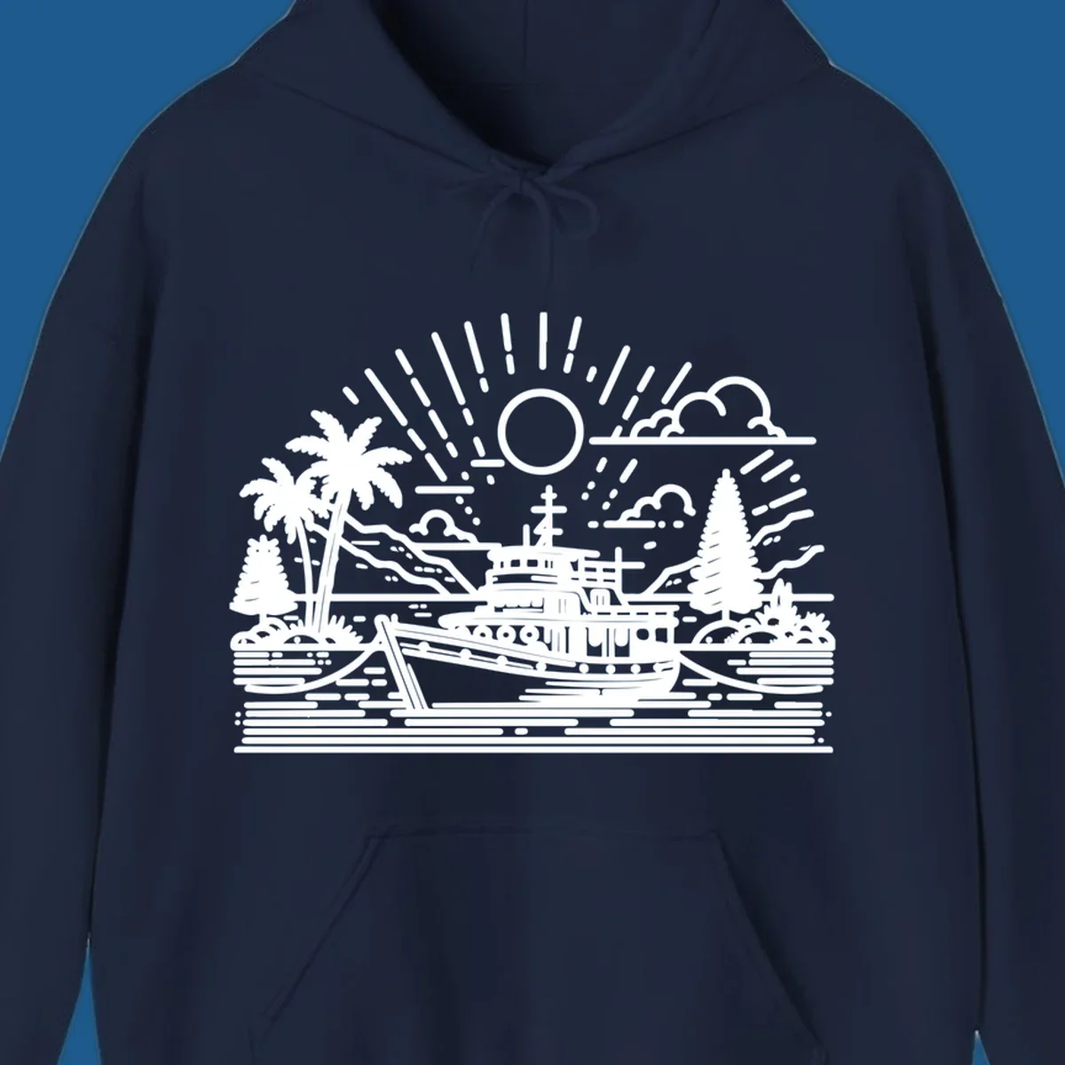 Tropical boat scene with palm trees and sun rays, line art illustration.