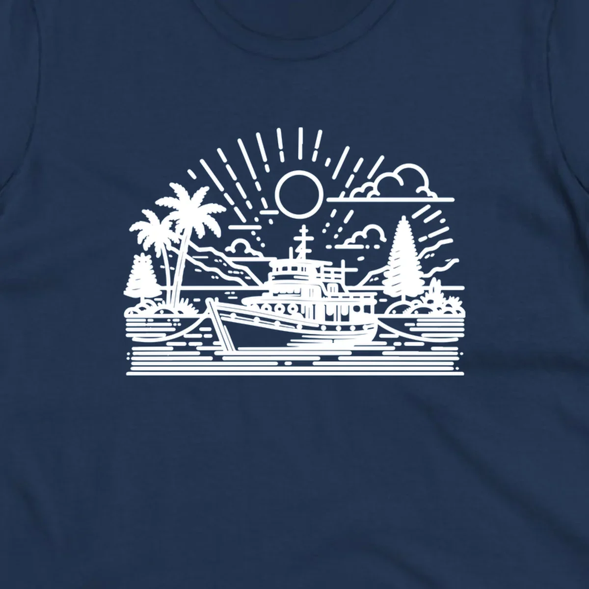 Tropical boat scene with palm trees and sun rays, line art illustration.