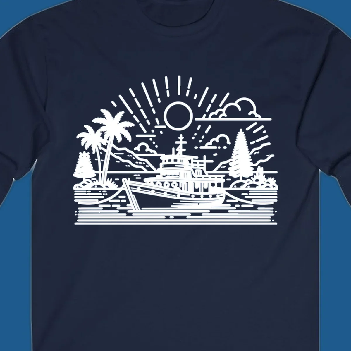 Tropical boat scene with palm trees and sun rays, line art illustration.
