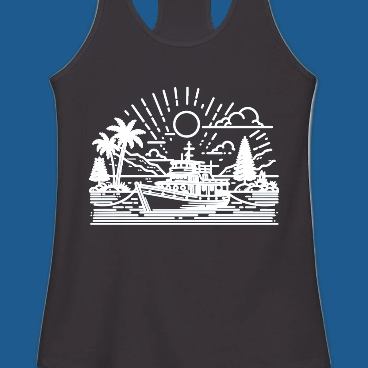 Tropical boat scene with palm trees and sun rays, line art illustration.