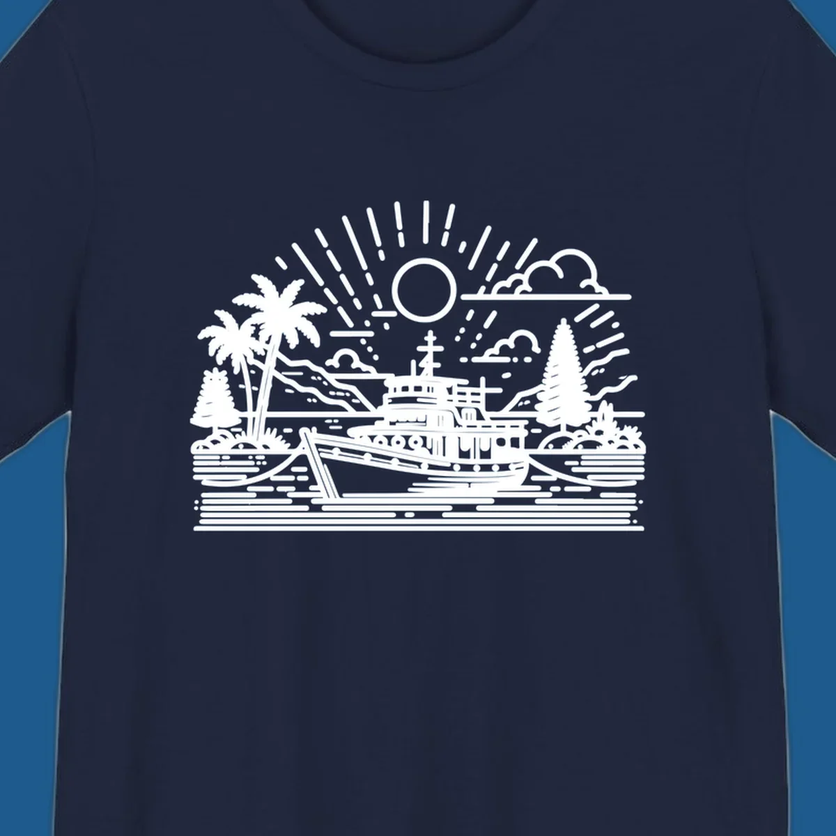 Tropical boat scene with palm trees and sun rays, line art illustration.