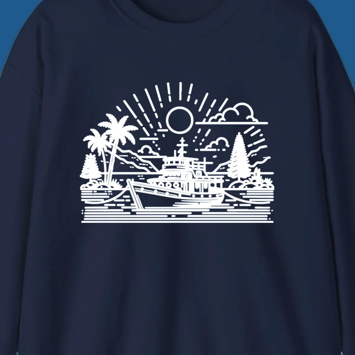Tropical boat scene with palm trees and sun rays, line art illustration.