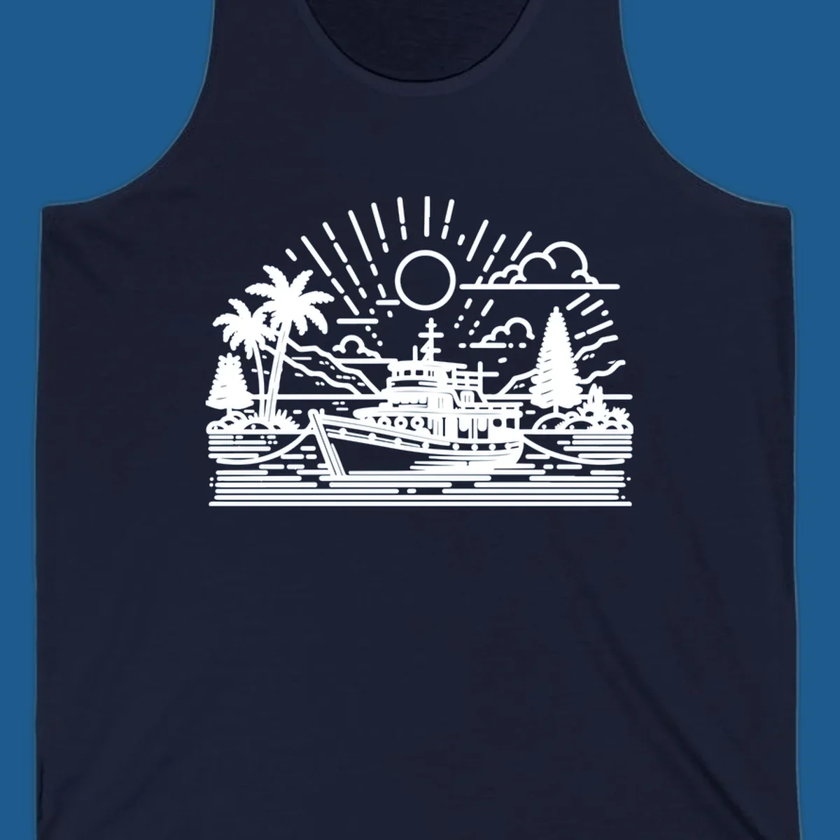 Tropical boat scene with palm trees and sun rays, line art illustration.