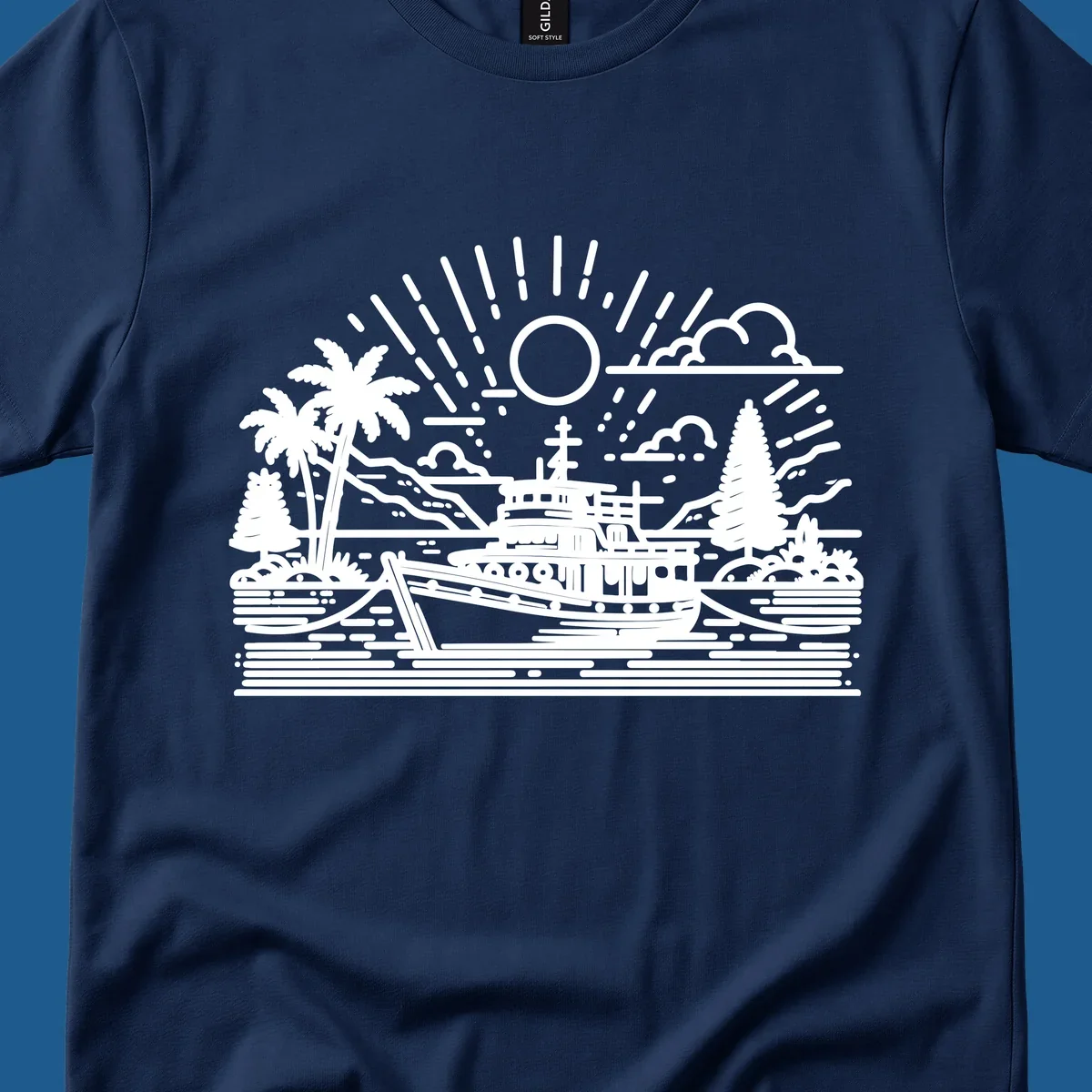 Tropical boat scene with palm trees and sun rays, line art illustration.
