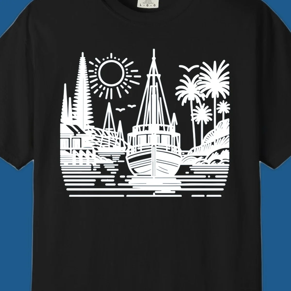 Tropical boat scene with palm trees, sun, and water. Primary keyword: tropical-boat-scene.